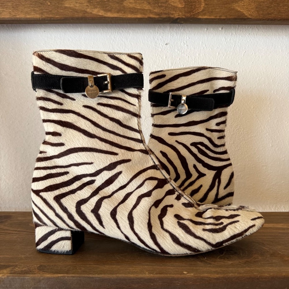 Vintage Prada Pony Hair Zebra Print Ankle Boots Size 37 Made in Italy Y2K